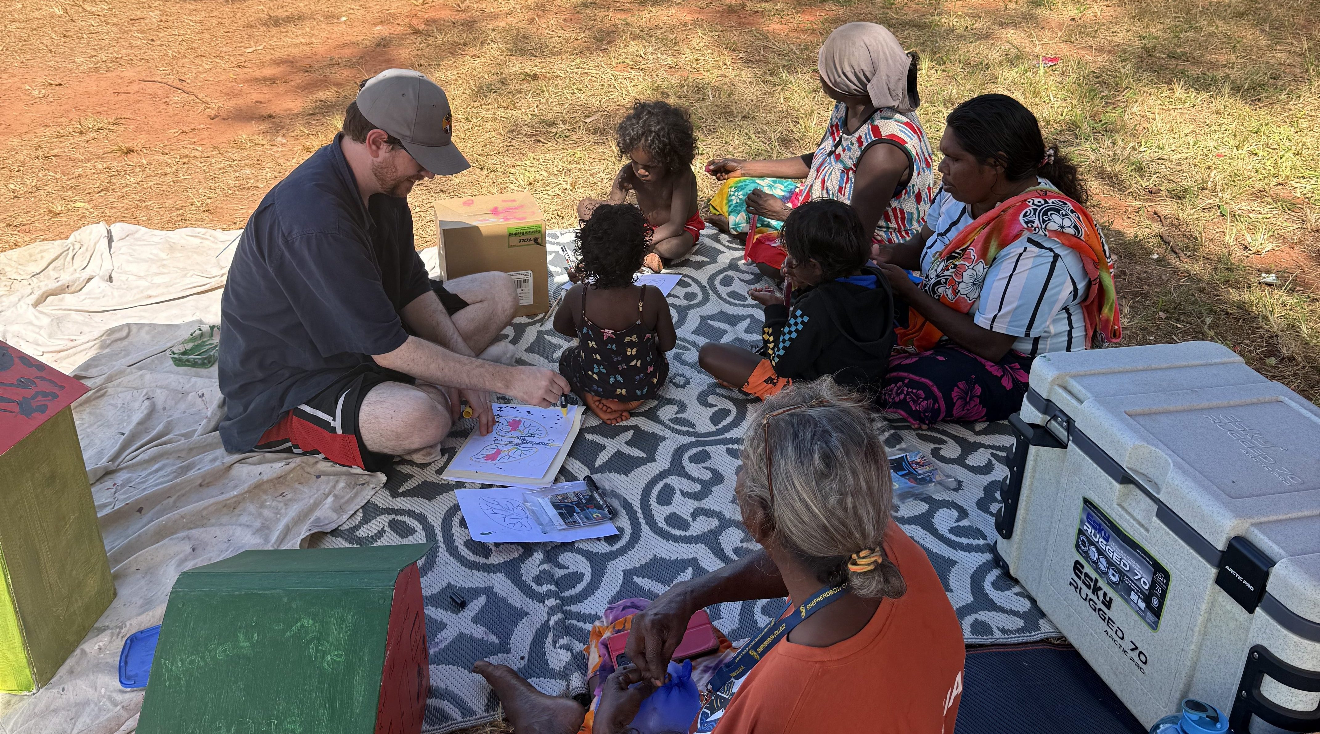 A group of Yolŋu and Balanda people are sitting on a weaved rug in the shade. They are doing creative activities.